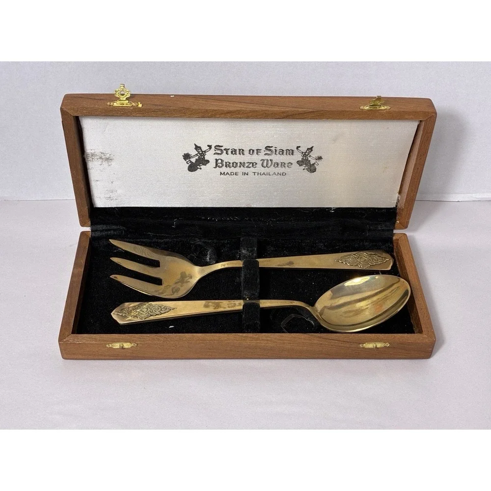 Vintage Star Of Siam Bronze Ware‎ Serving Spoon & Fork In Wooden Box Serving